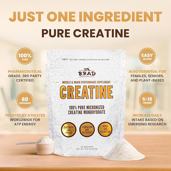 B.rad 100% Pure Micronized Creatine Monohydrate Powder | Natural No Additives | Boosts Muscle Strength Recovery &amp Performance | Supports Brain Health | 300g 60 Servings