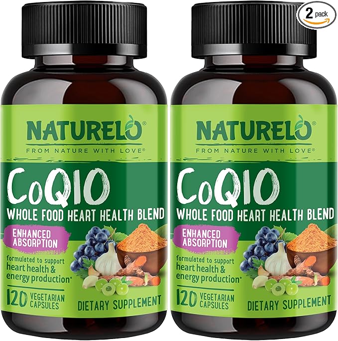 NATURELO Whole Food CoQ10 with Heart Health Blend Powerful Antioxidant for Energy Production 120 Capsules (Pack of 2)