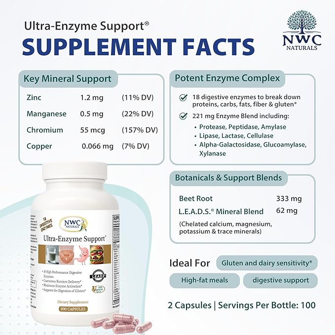 NWC Naturals Ultra-Enzyme Support Natural Digestive Supplement Promotes Optimal Health and Digestion 200 count Capsules