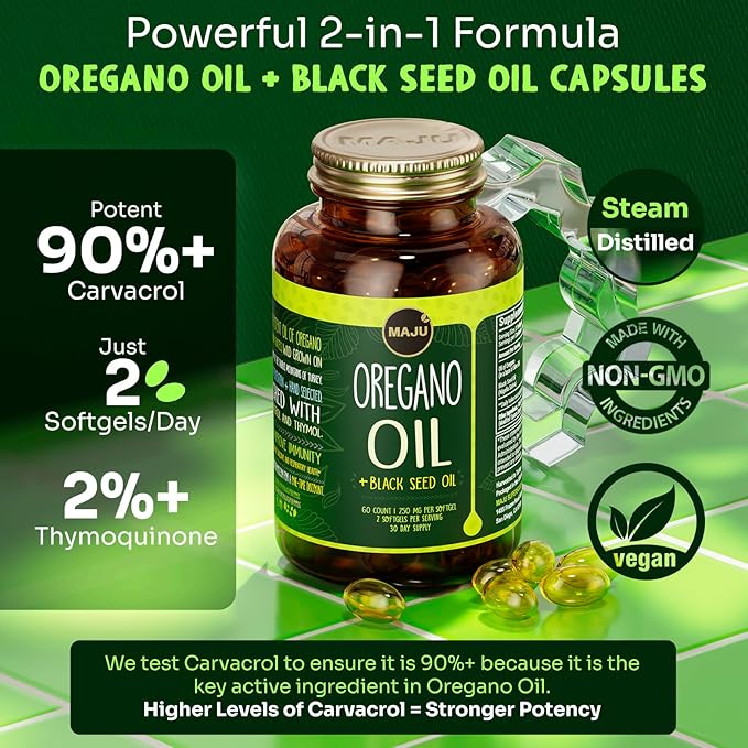 MAJU Oregano Capsules w/Black Seed Oil 2-in-1 Softgel Oil of Oregano Potent 90%+ Carvacrol High Thymoquinone 60 Count 500mg per Serving Wild Oregano and Black Seeds