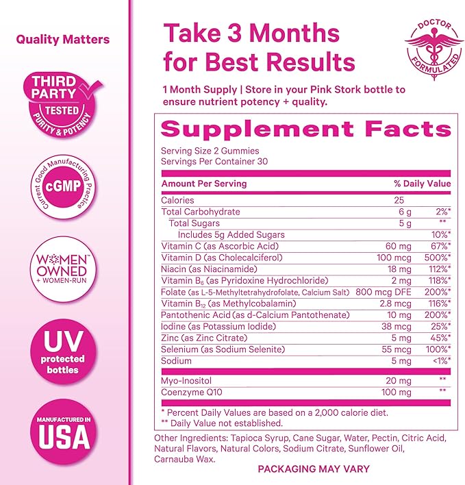 Pink Stork Premium Fertility Gummies | Fertility Supplements for Women with CoQ10 Myo-Inositol + Prenatal Vitamins | Conception Support | Hormone Balance for Women Ovarian Care - 60 Gummies