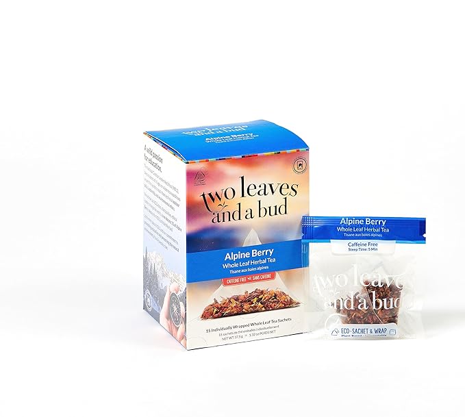 Two Leaves and a Bud Alpine Berry Herbal Tea Bags Naturally Caffeine Free Whole Leaf Herbal Tea with Hibiscus in Compostable Sachets Hot or Iced 15 Count (Pack of 2)