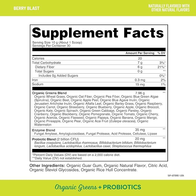 Healthy Delights Naturals - Organic Greens + Probiotics Powder - Naturally Boost Energy - USDA Organic - Delicious Berry Flavored - 30 Servings