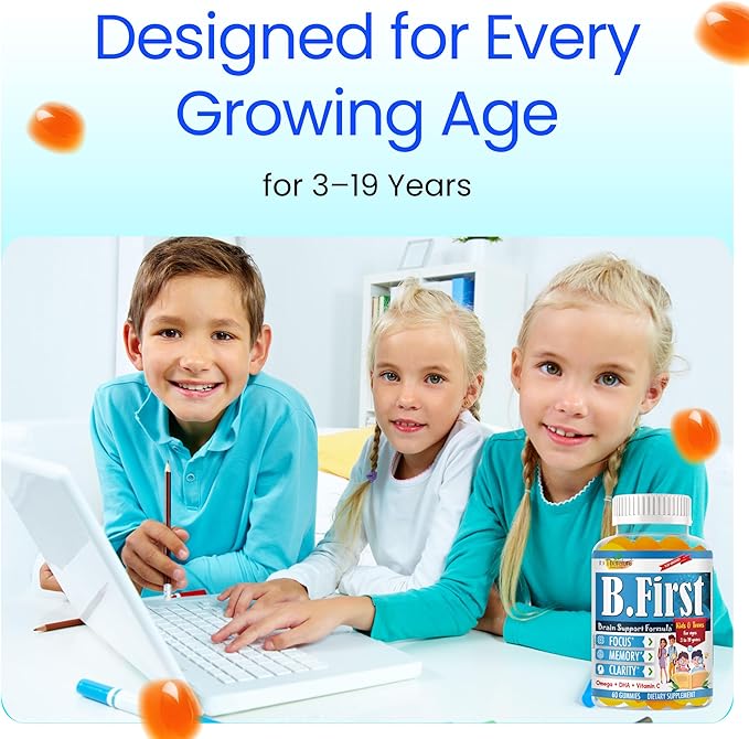 B.First Focus Gummies for Kids &amp Teens | Kids Focus and Attention Supplements with Omega 3 DHA – Memory Vitamins for Concentration Mental Clarity &amp Cognitive Support-60ct