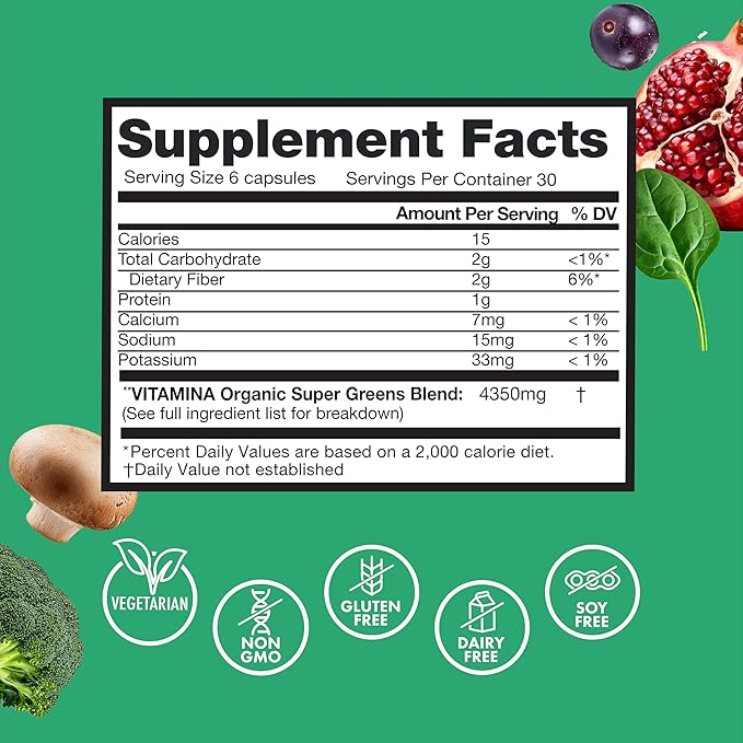 Zena Nutrition Organic Super Greens Fruit &amp Veggies Supplement 70+ Superfoods from Fruit &amp Vegetables Spirulina Chlorella Prebiotics &amp Probiotics Digestive Enzymes for Gut Health 180