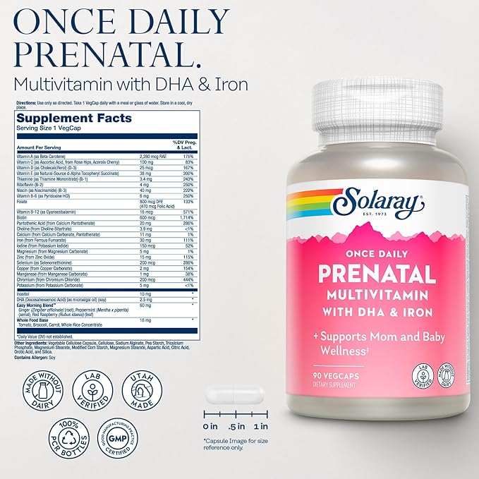 SOLARAY Once Daily Prenatal Multivitamin with DHA &amp Iron Prenatal Vitamins and Minerals for Expectant Mothers Easy Morning Herbal Blend &amp Whole Food Base Lab Verified 90 Servings 90 VegCa