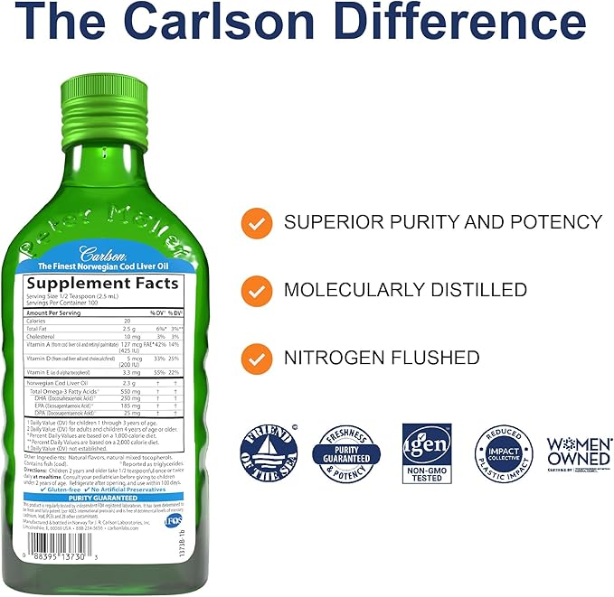 Carlson - Kid's Cod Liver Oil 550 mg Omega-3s Plus Vitamins A and D3 Wild Caught Norwegian Arctic Cod Sustainably Sourced Nordic Liquid Fish Oil Green Apple 250 mL (8.4 Fl Oz)