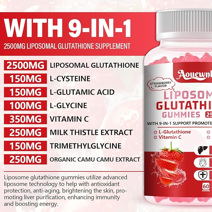 2 Packs 2500MG Liposomal Glutathione Gummies Supplement - Support Skin &amp Liver Function 98% Bioavailability with L-Glutathione &amp Milk Thistle to Support Antioxidant &amp Enhance Immunity