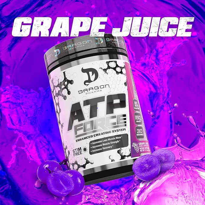 DRAGON PHARMA ATP Force Enhanced Creatine System Stim-Free Increase Lean Muscle Mass &amp Recovery 5 Grams of CreaPure Improves Blood Flow (30 Servings Grape Juice)