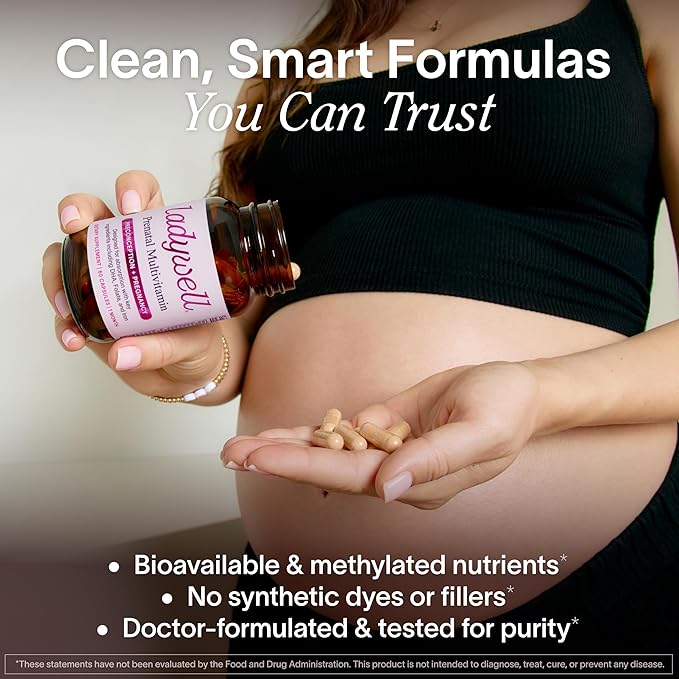 Ladywell Prenatal Multivitamin | Conception Pregnancy &amp Postpartum | Key Ingredients Including DHA Folate &amp Iron | Expertly-Formulated &amp Tested | Designed for Absorption with Nausea Supp