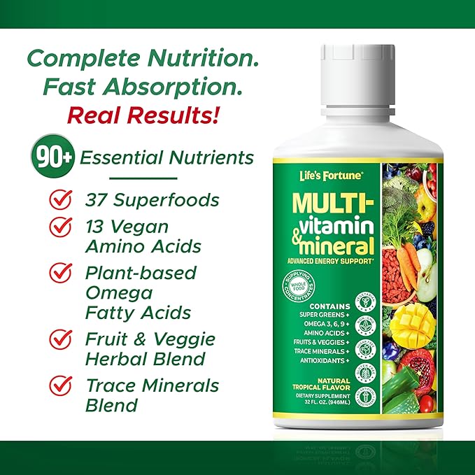 Life's Fortune Liquid Multivitamin for Adults Men &amp Women Teens – High Absorption Daily Vitamins – Trace Minerals Amino Acids Biotin L-Arginine – Tropical Flavor Sugar Free 32 oz (Pack of 2