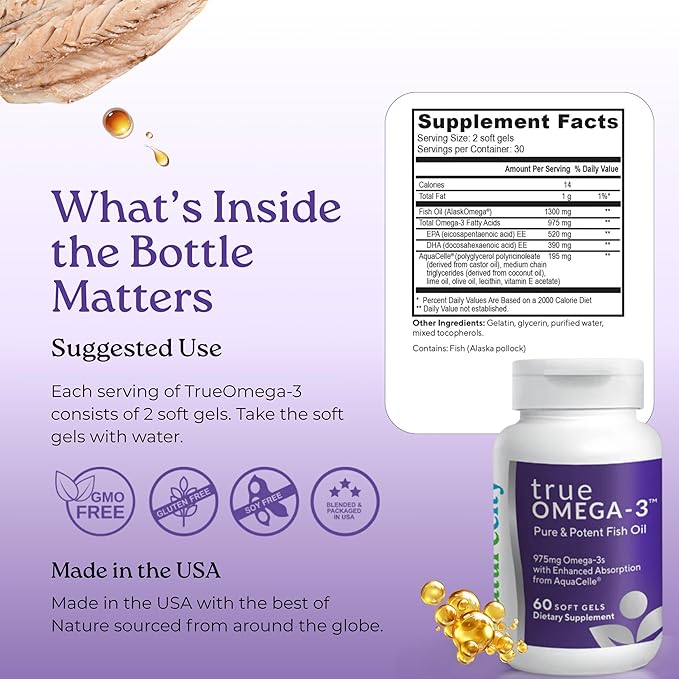 NatureCity True-Omega-3 975mg Omega-3 Fish Oil Supplements with Enhanced Absorption from AquaCelle for Heart Brain &amp Joint Support (60 SoftGels) Burpless Fish Oil Pills