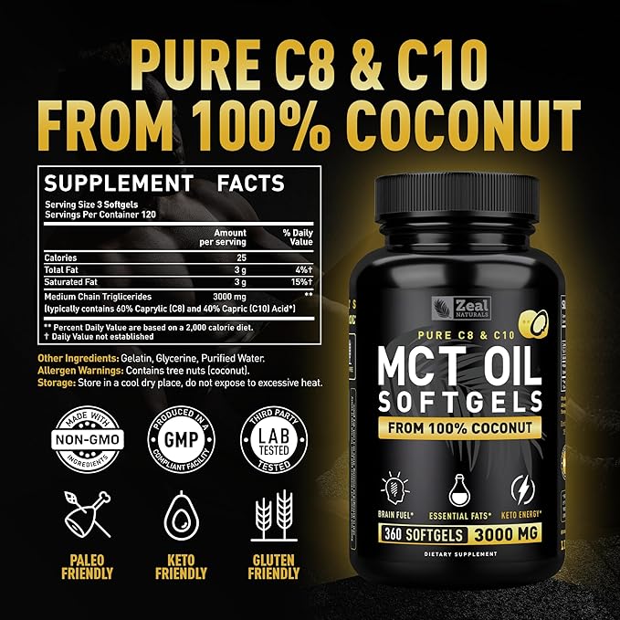 Zeal Naturals Pure MCT Oil Capsules - 3000mg 360 Softgels |C10 C8 MCT Oil Unrefined Coconut | Energy Support &amp Brain Fuel Supplement | Gluten-Free
