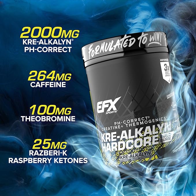 EFX Sports Kre-Alkalyn Hardcore | Thermogenic pH Correct Creatine Monohydrate Pill Supplement | Energy &amp Strength Pre Workout | 126 Servings 380 Capsules