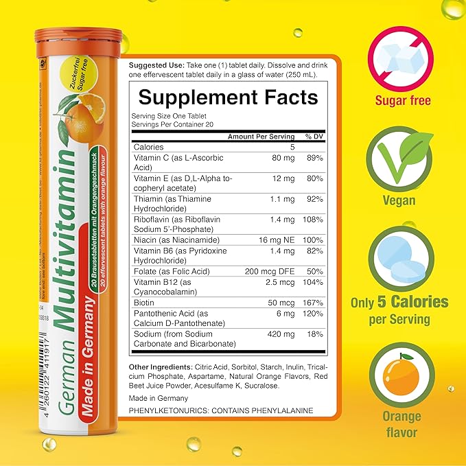 T&ampD German Multivitamin Drink Effervescnet Tablets 140 Servings Orange Flavour - Vitamin C E B1 B2 B6 B12 Biotin Folic Acid Niacin Pantothenic Acid Pharma – Made in Germany