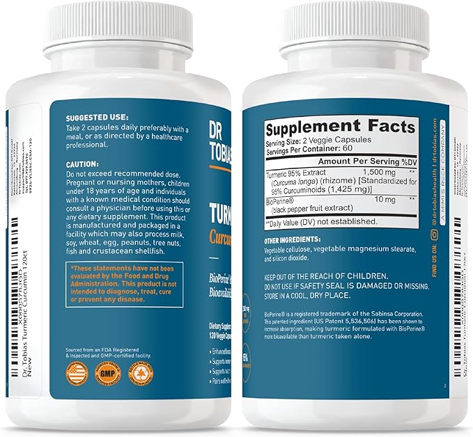 Dr. Tobias L‑Lysine 500 mg Tablets + Turmeric Curcumin 1500 mg with BioPerine (120 Vegan Capsules) – Essential Amino Acid Support Plus Extra Strength Joint Immune &amp Vitality Formula