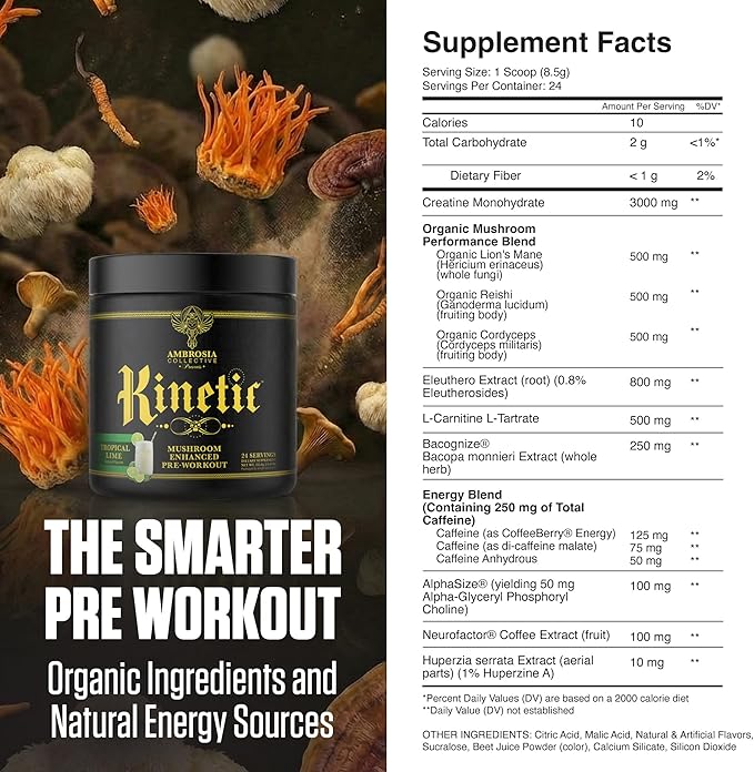 Ambrosia Kinetic - Organic Pre Workout Powder | Mushroom-Enhanced Natural Pre Workout | Nootropic Superfood Powder for Clean Energy Focus Recovery | 24 Servings | Tropical Lime