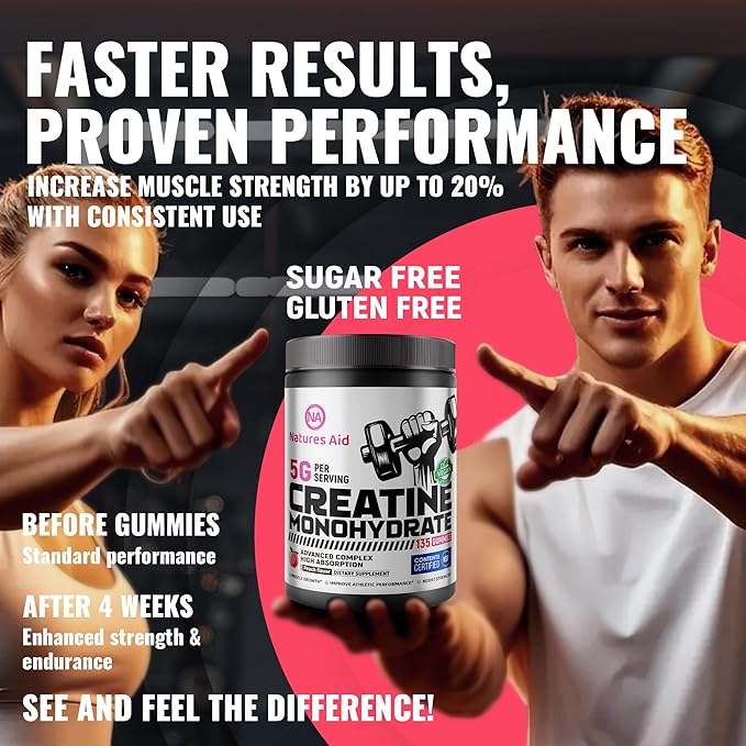 Natures Aid NSF Certified Creatine Gummy 5g - Creatine Monohydrate Gummies – Pre-Workout Energy &amp Muscle Growth Support for Men &amp Women | Peach Electrolyte Gummies (135 Count)
