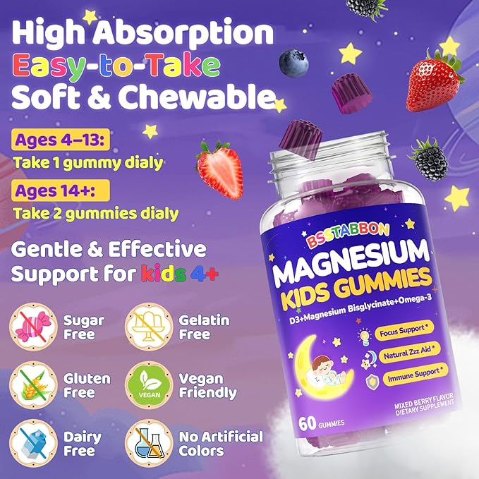 Kid’s 4+ Magnesium Glycinate Gummies: Extra Strength NO Melatonin Magnesium Bisglycinate 100mg 200mg Supplement with L-Theanine B6 D3 Omega3 for Overall Health - Zzz Aid for Kids(120Count)