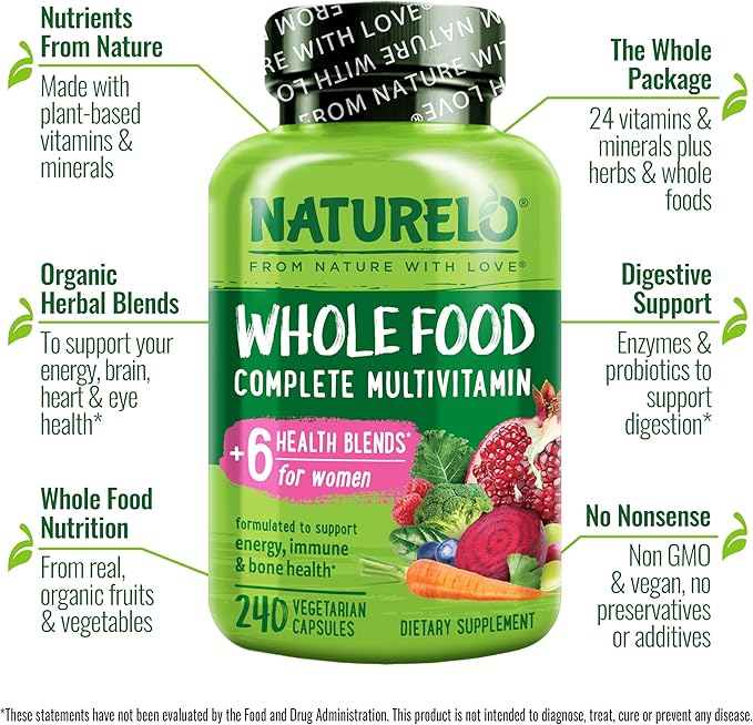 NATURELO Whole Food Multivitamin for Women - with Vitamins Minerals &amp Organic Extracts - Supplement for Energy and Heart Health - Non GMO - 240 Vegan Capsules