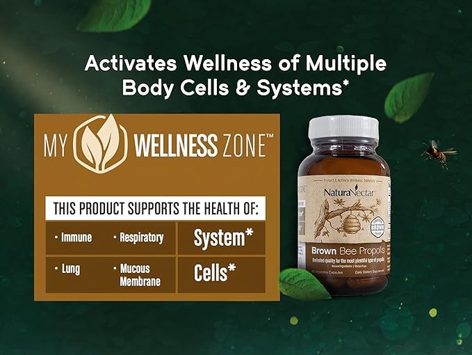 NaturaNectar - Brown Bee Propolis - NSF Contents Certified - Premium Brazilian Propolis - Gluten-Free Supplement with Flavonoids FLAV-B and PWE - Naturally Sourced Through Ethical Beekeeping (60pcs.)