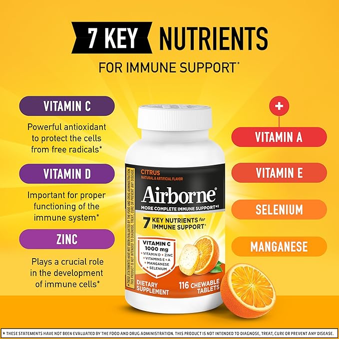 Airborne Vitamin C 1000mg (per Serving) - Citrus Chewable Tablets (116 Count in a Bottle) Gluten-Free Immune Support Supplement with Vitamins A C E Zinc Selenium Echinacea Ginger Antioxidants