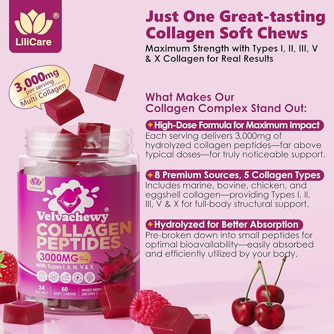 LILICARE 5HTP Gummies for Adults &amp Kids + Collagen Peptides Soft Chews 3000mg for Women &amp Men