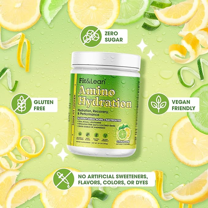 Fit&ampLean Amino Hydration Naturally Sweetened Workout Recovery Drink 6g Vegan Amino Acids Essential Amino Acids EAA BCAA Glutamine Electrolytes Citrus Lime 30 Servings