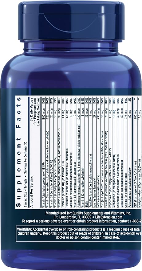 Life Extension Prenatal Advantage Women’s multivitamin Baby Support folic Acid Choline omega-3s Vitamin C D3 B1 B6 B12 zinc niacin Gluten Free Non-GMO 120 softgels