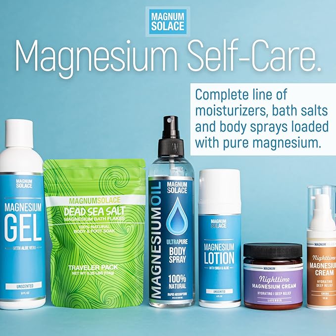 Magnum Solace Magnesium Lotion – Super Concentrated – Made with Aloe and Shea – For Leg Cramps Sore Muscles &amp Joints Rejuvenation – Safe for Kids Made in the USA (Chamomile &amp Lavender)