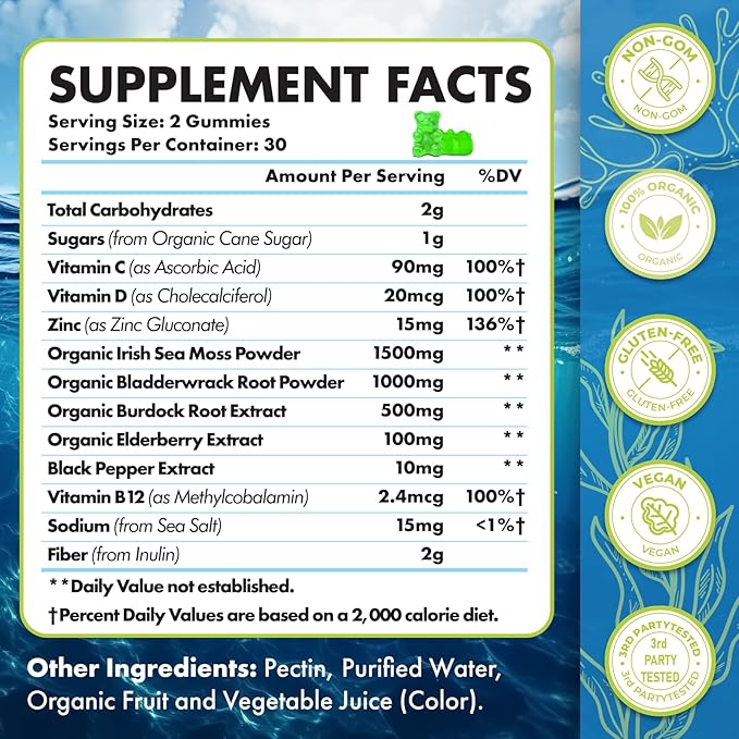 Sea Moss Gummies 3100mg Irish True Sea Moss Seamoss Gummies for Women &amp Men with Bladderwrack Burdock Root Elderberry Vitamin C and Zinc for Detox Cleanse Immune Skin Digestive Organic 120