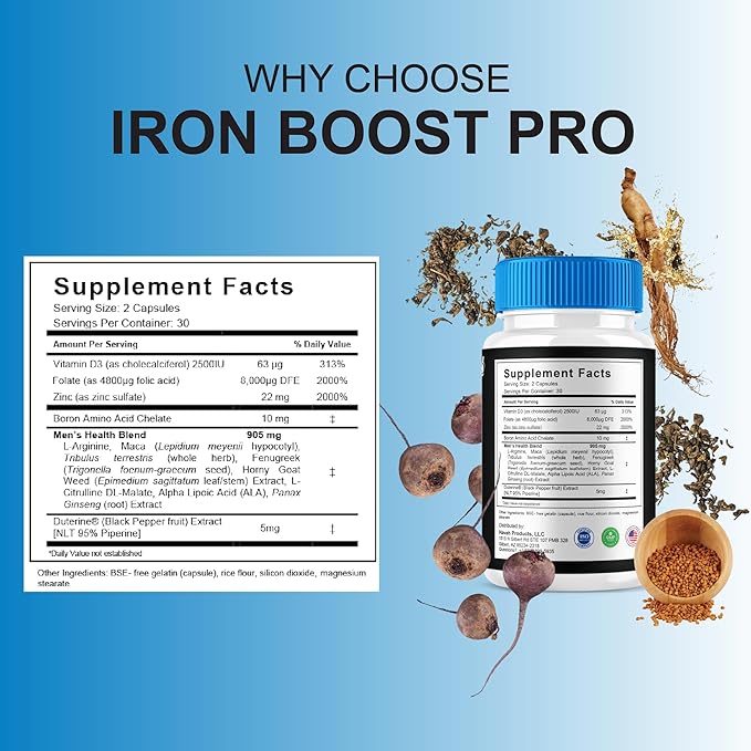 Iron Boost Pro Premium Performance Capsules Iron Boost Advanced Health Supplement Pills Iron Boost Premium Daily Health Support and Overall Wellness Formula by Blue Vibe (3 Pack - 180 Capsules)