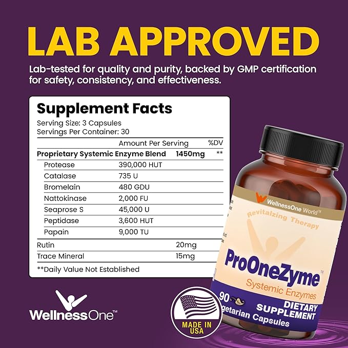 WellnessOne ProOneZyme Digestive Enzymes Supplements - Systemic Proteolytic Enzymes for Digestion Gut Health Gas Relief &amp Bloating - Contains Bromelain Nattokinase Protease &amp More - 90 Cap