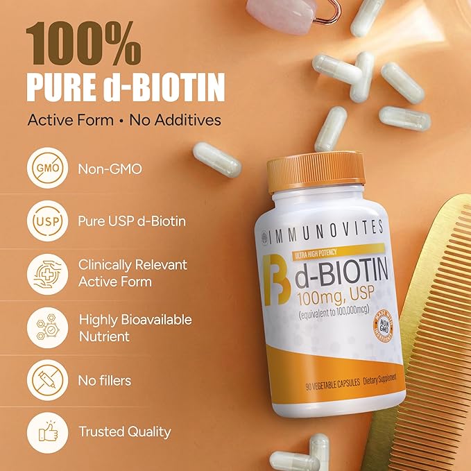 IMMUNOVITES 3-Pack High Dose Biotin (as d-Biotin USP) 100mg (Equivalent to 100000mcg) 90 Capsules High Potency (3)
