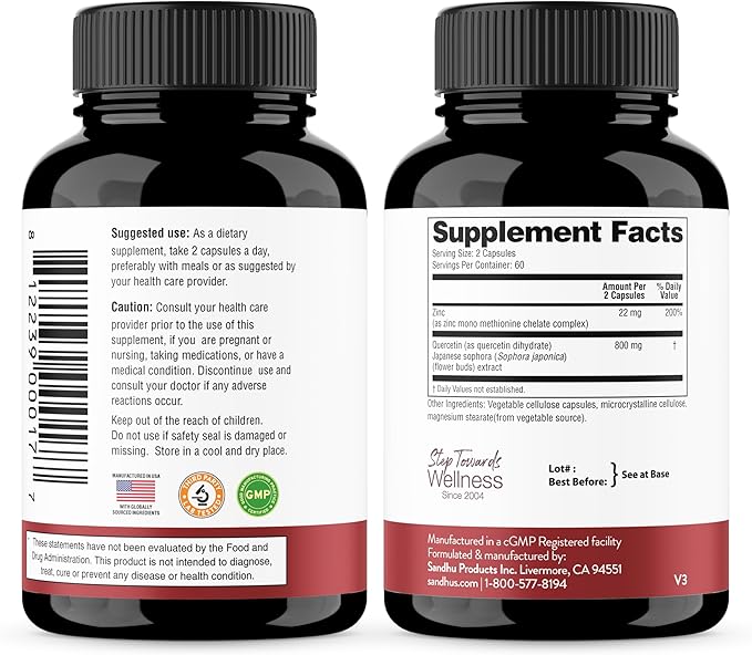 Sandhu's Zinc Quercetin &amp Magnesium Glycinate Complex with Quercetin Capsules | Supports Immune Muscle Health &amp Quality Sleep