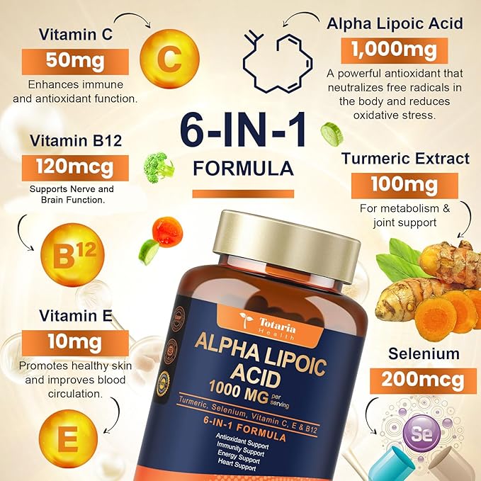 Totaria Alpha Lipoic Acid 1000mg + R Lipoic Acid 1000mg - ALA Supplement Antioxidant for Neuropathy Support Nerve Health Liver Detox Antioxidant Metabolism and Cell Energy