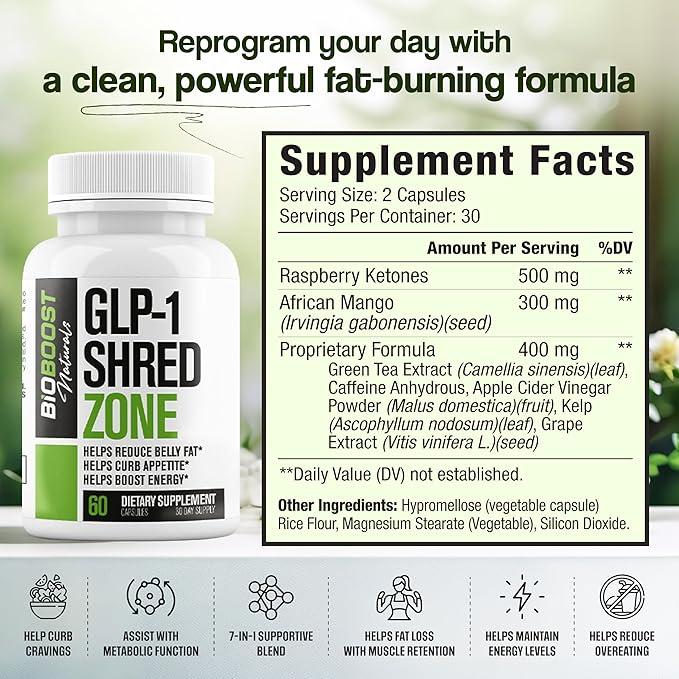 GLP-1 Shred Zone - Weight Loss Pills for Women &amp Men + Appetite Suppressant Support - Supports Healthy Pathways Associated with GLP-1 Activity - Fat Burner Supplement - 60 Capsules
