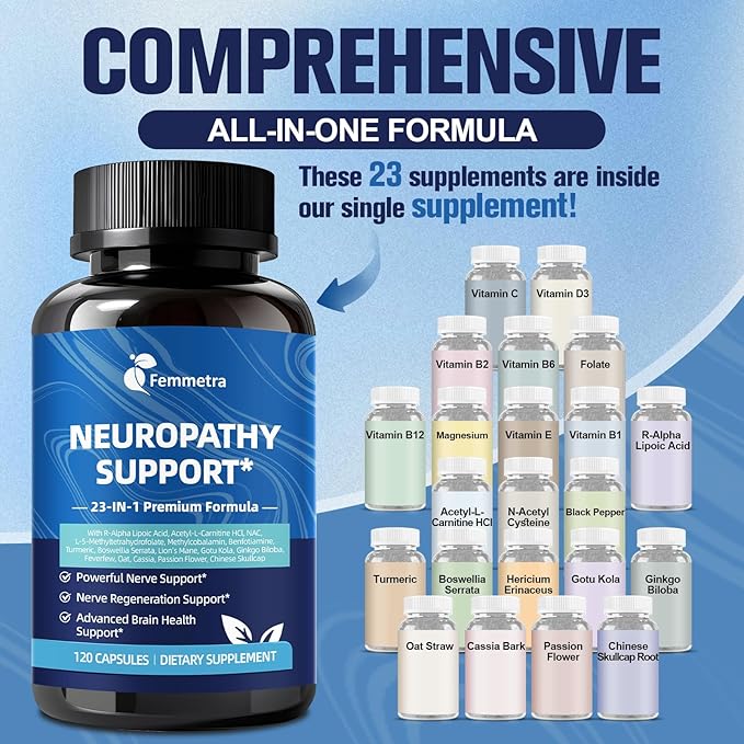 Nerve &amp Peripheral Neuropathy Support Supplement with 1200mg R-Alpha Lipoic Acid L-Carnitine Vitamin B12 B1 B6 D3 E Folate Lions Mane NAC Magnesium Turmeric - Liver Detox Antioxidant &amp Mental