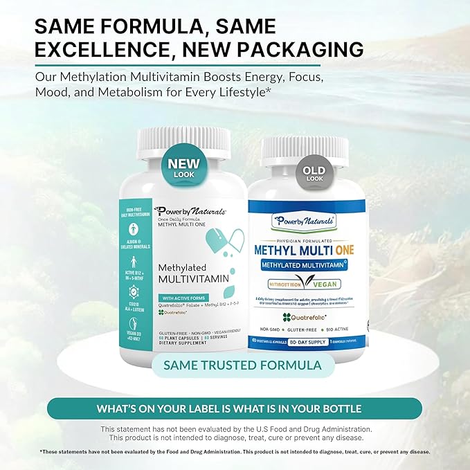 Power By Naturals Methyl Multi One – Iron-Free Methylated Multivitamin with Methyl B12 5-MTHF CoQ10 &amp Zinc – Methylation Support for Men &amp Women – 120 Capsules 2-Pack (4-Month Supply)