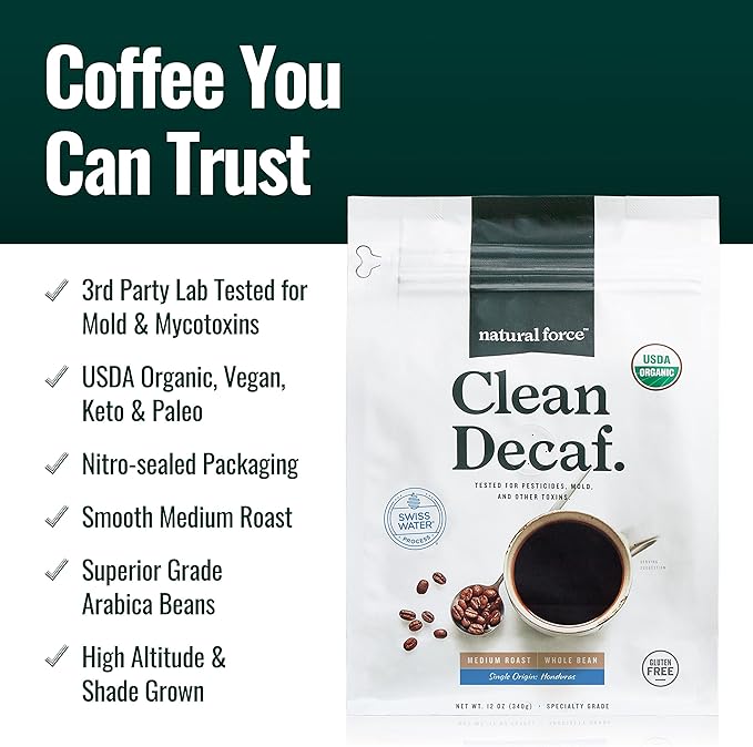 Natural Force Organic Clean Decaf Coffee + Organic MCT Oil Bundle – 100% Pure Coconut MCTs &amp Mold &amp Mycotoxin Free Coffee – Non-GMO Keto Paleo and Vegan - 12 Oz and 32 Oz