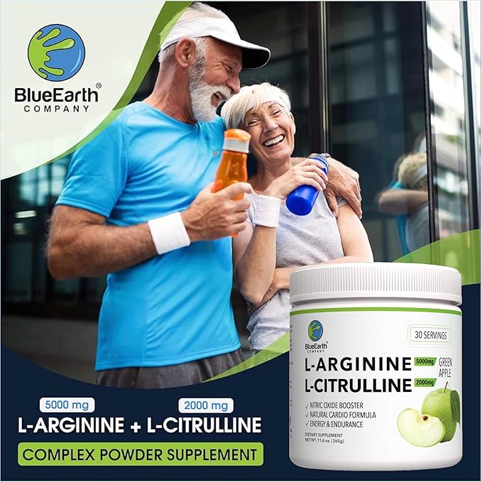 L-Arginine 5000mg + L-Citrulline 2000mg Complex Powder Supplement Drink Mix - Nitric Oxide Booster for Heart Health Blood Flow &amp Energy - 30 Servings (Green Apple)