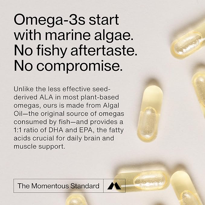 Momentous Vegan Omega-3 - Plant-Based EPA &amp DHA Supplement for Men &amp Women - Sourced from Algae Oil - Supports Heart Joint &amp Brain Health - NSF Certified for Sport - 1000 mg - 30 Servin