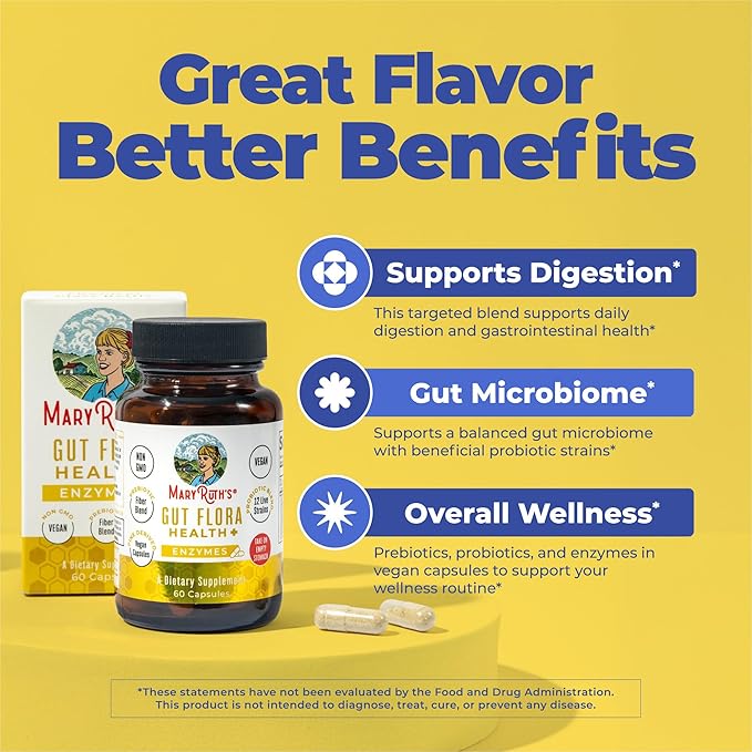 MaryRuth’s Gut Flora Health+ Enzymes | Prebiotic &amp Probiotic Digestive Enzymes for Healthy Gut Biome &amp Digestive Support | Gastrointestinal Health | CLP Certified | 60 Capsules | Up to 2 Month