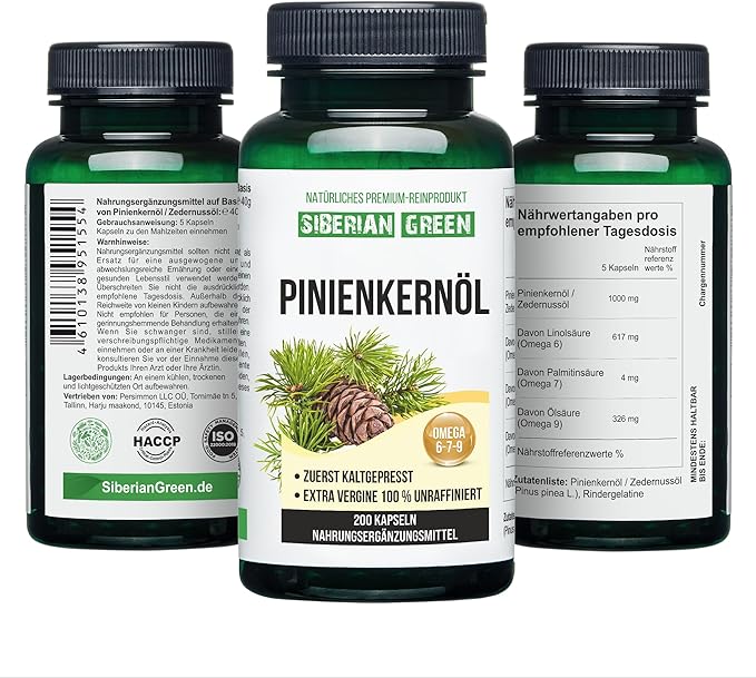 Siberian Green Pine Nut Oil Capsules 200 Softgels Wild Harvested Siberia Altai Cold Pressed Unrefined