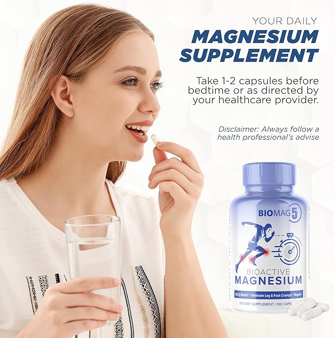BioMag 5 Magnesium Complex Supplement for Women and Men 100 Capsules - Formulated in USA - BioActive and BioAvailable Magnesium Glycinate Malate Citrate Orotate and Biglycinate Chelate Supplements