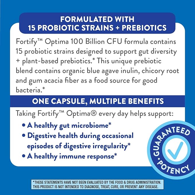 Nature's Way Fortify Optima Probiotic for Adults 100 Billion Live Cultures 15 Strains Supports Digestive and Immune Health* Plant-Based Prebiotic Fiber 30 Capsules (Packaging May Vary)