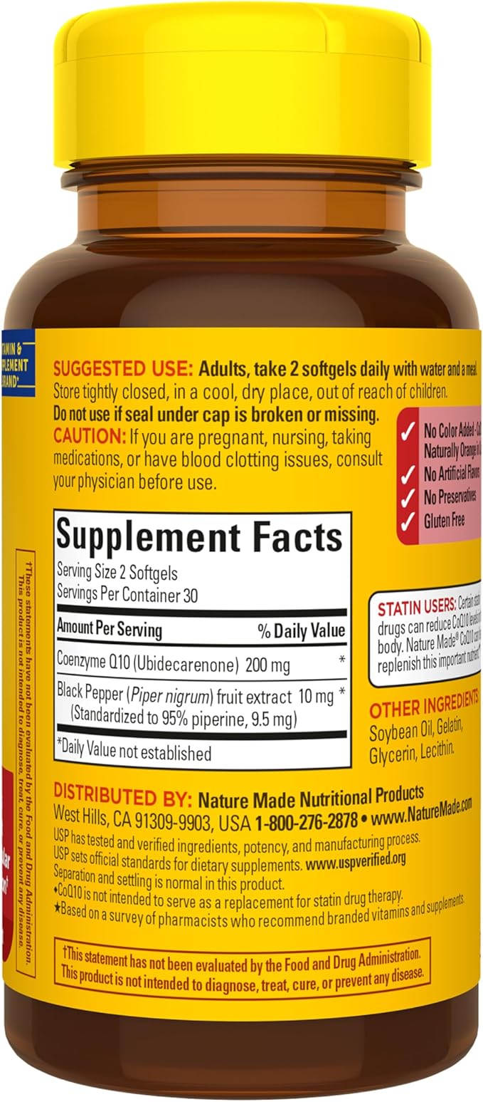 Nature Made CoQ10 200mg per Serving with Black Pepper Extract for Enhanced Nutrient Absorption CoQ10 Supplement for Heart Health Support 60 Softgels 30 Day Supply