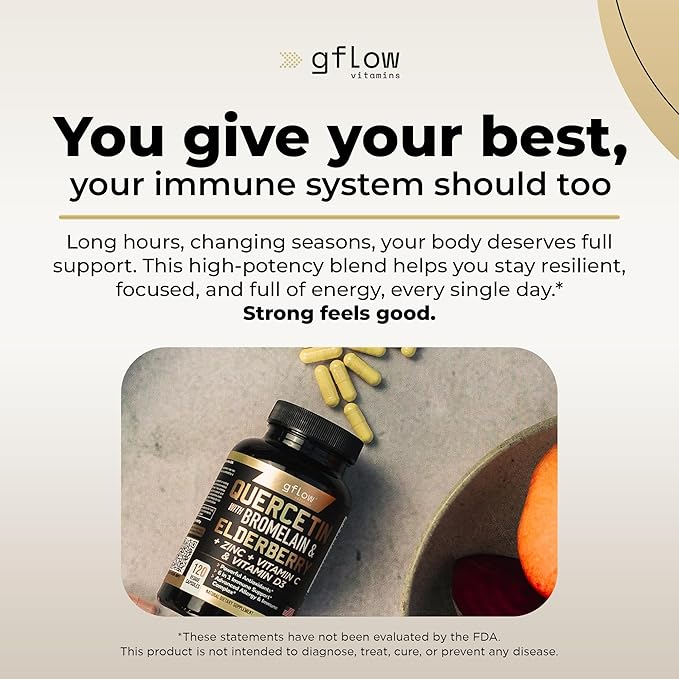 gflow vitamins Quercetin with Bromelain Zinc Vitamin C Vitamin D Elderberry - 120 Veggie Capsules Non-GMO Gluten-Free | Immune Support Supplement | Made in USA | 4 Months Supply