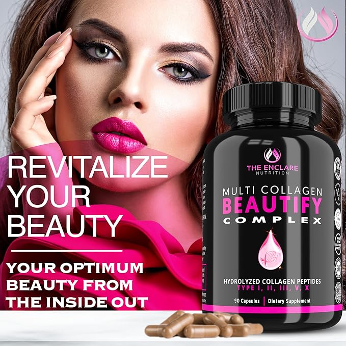 Collagen Pills - Beautify Multi Collagen Complex Capsules Type I II III V X | Extra Strength Hydrolyzed Collagen Peptides Supplements. Hair Skin Nails Vitamins 1800mg Collagen Capsules (1)