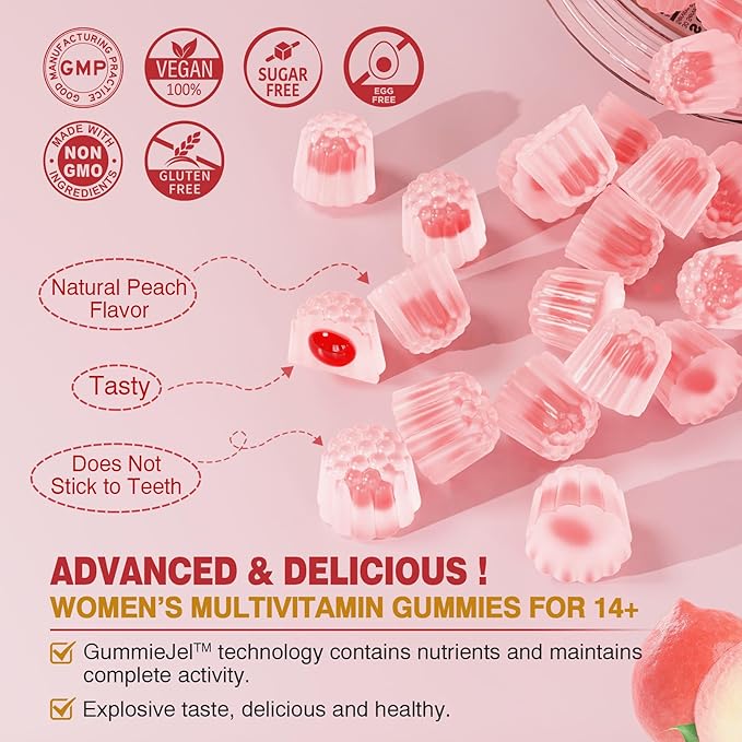 Sugar-Free Women's Multivitamin Gummies - Women Methylated Multivitamin Filled Gummies with Omega-3 Enzymes &amp Antioxidant Blend to Support Overall Health Immunity Hair Nails &amp Skin Health